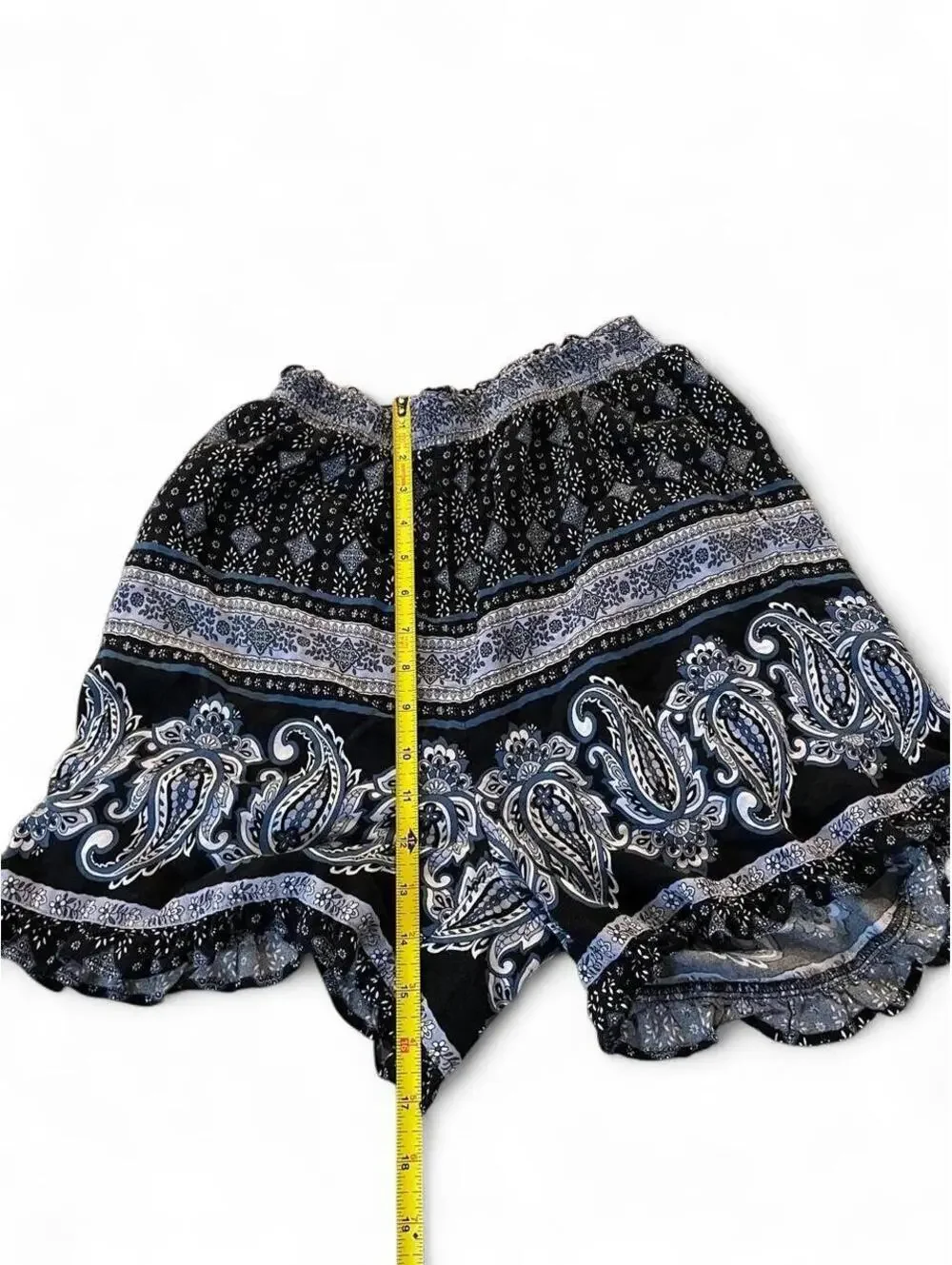 Black & blue paisley shorts with ruffles and elastic stretchy waistband